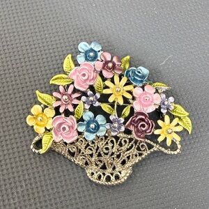 EUC Vintage Floral Spring Enamel Basket Brooch Silver Tone